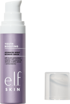 Fioletowe serum e.l.f. Skin Youth Boosting z retinoidem w butelce z białą pompką, widok z przodu.