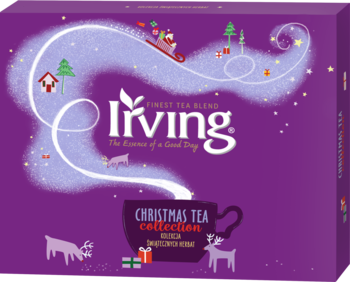 Fioletowe pudełko Irving Christmas Tea Collection z zimowym wzorem, Mikołajem, reniferami i kubkiem parującej herbaty.