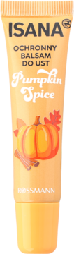 Isana Pumpkin Spice balsam do ust w pomarańczowej tubce z dynią, liśćmi i cynamonem, widok z przodu.