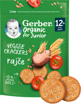 Front opakowania Gerber Organic Veggie Crackers z pomidorem 12m+, zielone, z jeżem i krakersami. Bez soli.