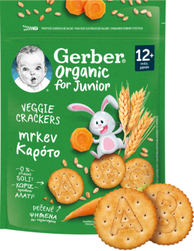 Gerber Organic Veggie Crackers 12+, carrot flavor, green pouch with ABC crackers and bunny illustration.