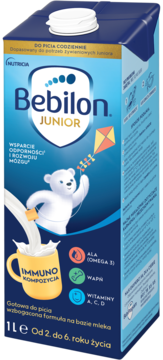 Bebilon JUNIOR 1L, niebieski karton mleka modyfikowanego dla dzieci 2-6 lat. Z witaminami, Omega 3, wspiera odporność.