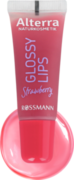 Alterra Glossy Lips Strawberry błyszczyk w różowej tubce, z przodu, na rozlanym jasnoróżowym błyszczyku.