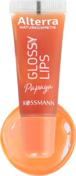 Alterra Glossy Lips Papaya, pomarańczowy błyszczyk w tubce z białym napisem, z rozlaną kroplą na jasnym tle.