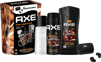 Zestaw prezentowy AXE Dark Temptation: czarny dezodorant, żel pod prysznic, biała woda toaletowa, z etui na słuchawki.