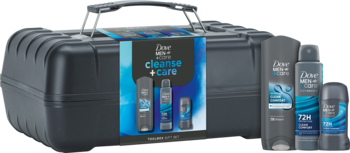 Zestaw prezentowy Dove Men+Care: żel pod prysznic, antyperspirant spray i roll-on w czarnym etui.