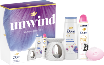 Zestaw Dove Unwind Relaks w fioletowym pudełku, balsam anti-stress, dezodorant, ceramiczny dyfuzor i mydło.