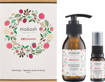 Zestaw Mokosh x Rossmann Malina, widok z przodu: białe pudełko z kwiecistym wzorem, dwie butelki serum i żelu.