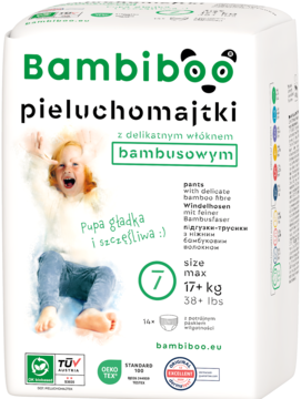 Bambiboo pieluchomajtki bambusowe, rozmiar 7 (17+ kg), białe opakowanie z uśmiechniętym dzieckiem, widok z przodu.