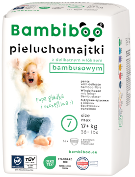 Bambiboo pieluchomajtki bambusowe 17+kg, biała paczka z zielonym logo i zdjęciem dziecka, widok z przodu.