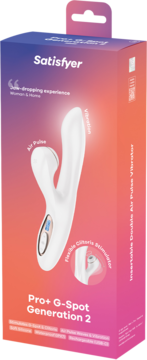 Satisfyer Pro+ G-Spot 2, biały wibrator z podwójną stymulacją Air-Pulse, na opakowaniu, widok przodem.