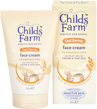 Childs Farm Oat Derma krem do twarzy w beżowej tubce i pudełku, bezzapachowy, z kojącym owsem, widok pod kątem.