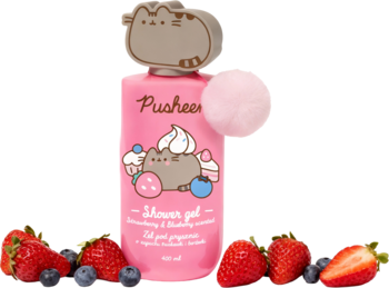 Różowy żel pod prysznic Pusheen 400ml, silikonowy korek 3D kota, zapach truskawki i borówki, świeże owoce. Widok frontalny.