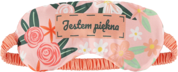 Eloy opaska na oczy, różowa w kwiatowy wzór, z napisem Jestem piękna, elastyczna, widok z przodu.