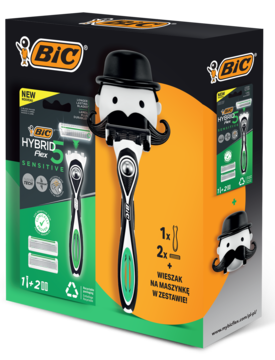 BIC HYBRID 5 FLEX SENSITIVE maszynka do golenia dla wrażliwej skóry, z 2 wkładami. Widok pudełka z zabawnym wąsaczem.