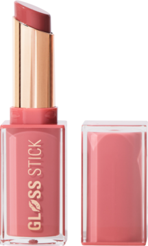 Otwarty Revolution Pout Lip Gloss Stick Sweet Rose, różowy, błyszczący, w przezroczystym opakowaniu ze złotym aplikatorem.