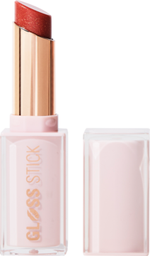 Błyszczyk Revolution Pout Lip Gloss Stick w sztyfcie, Shimmer Sugar Cookie Pink, otwarty, lśniący, z zakrętką.