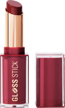 Otwarty błyszczyk Revolution Pout Lip Gloss Stick w odcieniu śliwkowym, z widoczną wysuniętą sztyftem i zakrętką obok.