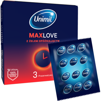 Unimil Max Love Time Control prezerwatywy w granatowym pudełku, z zegarem i tekstem o żelu opóźniającym, obok 3 sztuk.