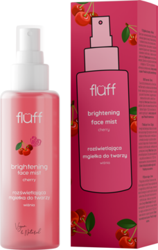 Flaff Brightening Face Mist Cherry, różowa butelka z atomizerem i pasujące pudełko z wiśniami.