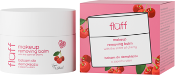 Biały słoiczek balsamu do demakijażu Fluff o zapachu wiśni, obok jego różowego opakowania detalicznego.