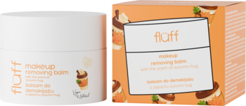 floff makeup removing balm, biały słoik i pomarańczowe pudełko. Zapach "autumn hug" i grafika gorącego napoju.