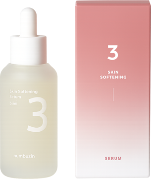 Numbuzin No.3 Skin Softening Serum w matowej butelce z zakraplaczem i różowo-czerwonym pudełkiem, widok z przodu.