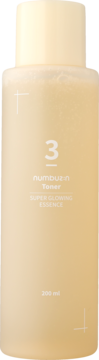 Rozświetlający tonik Numbuzin No.3 w jasnobeżowej butelce, widok frontalny, minimalistyczny design.