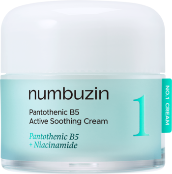 Numbuzin No.1 Pantothenic B5 Active Soothing Cream, biały słoiczek z turkusową etykietą i numerem 1, przód.