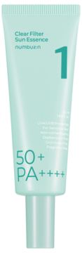 Mint green numbuz:n Clear Filter Sun Essence tube, SPF50+ PA++++ protection, with large '1', front view.
