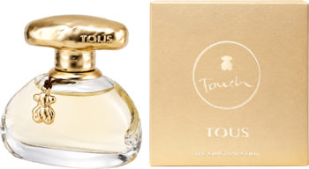 Złota woda toaletowa Tous Touch Original Gold, elegancki flakon z misiem, obok pudełko, widok z przodu.