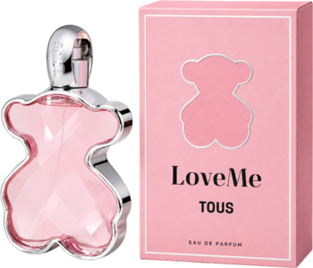 LoveMe Tous, różowy, fasetowany flakon wody perfumowanej w kształcie misia i pasujące pudełko. Widok z przodu.