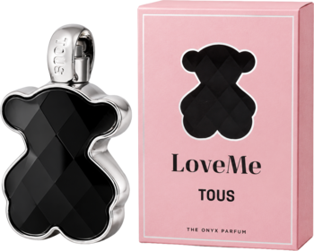 Woda perfumowana Tous LoveMe The Onyx Parfum: czarny, fasetowany flakon-miś z połyskiem i różowe pudełko.