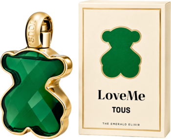 Woda perfumowana dla kobiet Tous LoveMe The Emerald Elixir, szmaragdowa butelka misia z beżowym pudełkiem.