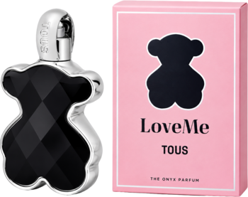 LoveMe The Onyx Parfum Tous, woda perfumowana. Czarna, fasetowana butelka misia i różowe pudełko z czarnym misiem.