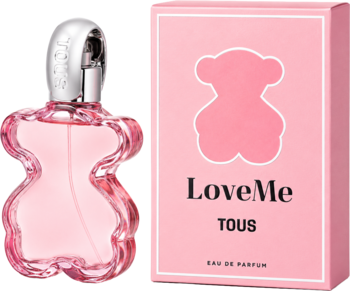 Tous LoveMe woda perfumowana dla kobiet, różowy flakon w kształcie misia i różowe pudełko z logo TOUS.