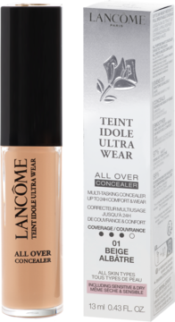 Korektor Lancôme Teint Idole Ultra Wear 01 Beige Albâtre, beżowa butelka i białe pudełko obok siebie. Widok z przodu.