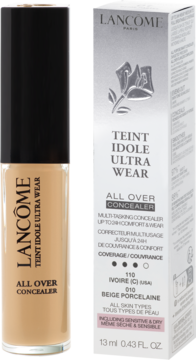 Korektor Lancôme Teint Idole Ultra Wear, odcień 010 Beige Porcelaine, obok białe pudełko, widok z przodu.