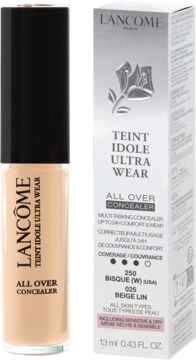 Lancôme Teint Idole Ultra Wear All Over Concealer 025 Beige Lin, beżowa tubka i pudełko, widok z przodu.
