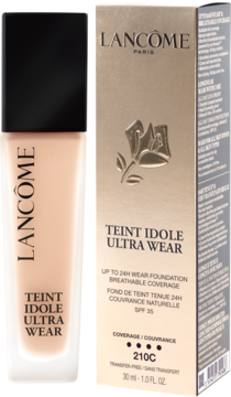 Lancôme Teint Idole Ultra Wear, mocno kryjący podkład z serum SPF 35 w butelce, obok złote pudełko.