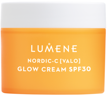Frontowy widok pomarańczowego słoiczka Lumene Nordic-C Glow Cream SPF30, krem rozświetlający z białą zakrętką.