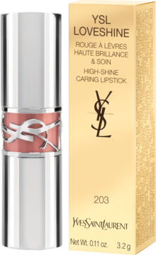 YSL Loveshine Lipstick 203, różowo-beżowa, w srebrnej tubce z różowym YSL i złotym pudełku, widok z przodu.