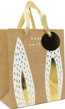 Brązowa torba prezentowa na Wielkanoc, białe uszy zajączka, złote rączki i napis 'happy east', widok z przodu.