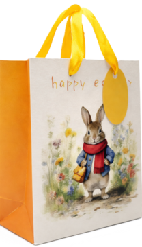 Biała torba na prezenty wielkanocne z pomarańczowymi bokami, ilustracją królika Piotrusia w kwiatach i napisem 'happy easter'.