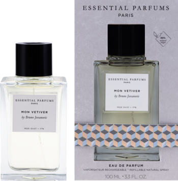 Dwie butelki perfum Mon Vetiver z haitańską wetywerią: jedna solo, druga w pudełku z wzorem geometrycznym.