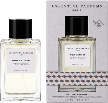 Essential Parfums Mon Vetiver woda perfumowana: butelka z czarną nakrętką i pudełko z wzorem geometrycznym, z przodu.