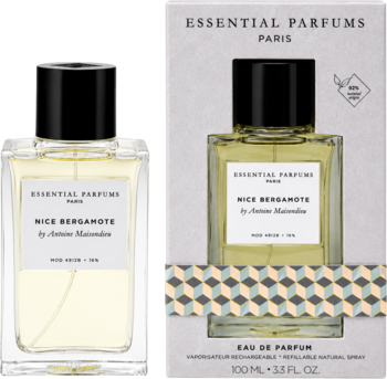 Essential Parfums Nice Bergamote by A. Maisondieu: butelka z żółtym płynem i pudełko z wzorem geometrycznym.