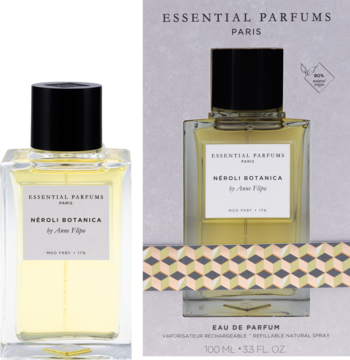 Essential Parfums Neroli Botanica, woda perfumowana w szklanej butelce i kartonowym opakowaniu z geometrycznym wzorem.