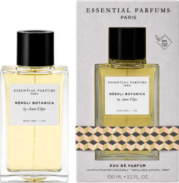 Essential Parfums Néroli Botanica EdP 100 ml, butelka i pudełko z wzorem, świeży, kwiatowy zapach neroli.