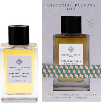 Perfumy Essential Parfums Patchouli Mania, bursztynowa butelka obok szarego opakowania z zielono-beżowym wzorem.
